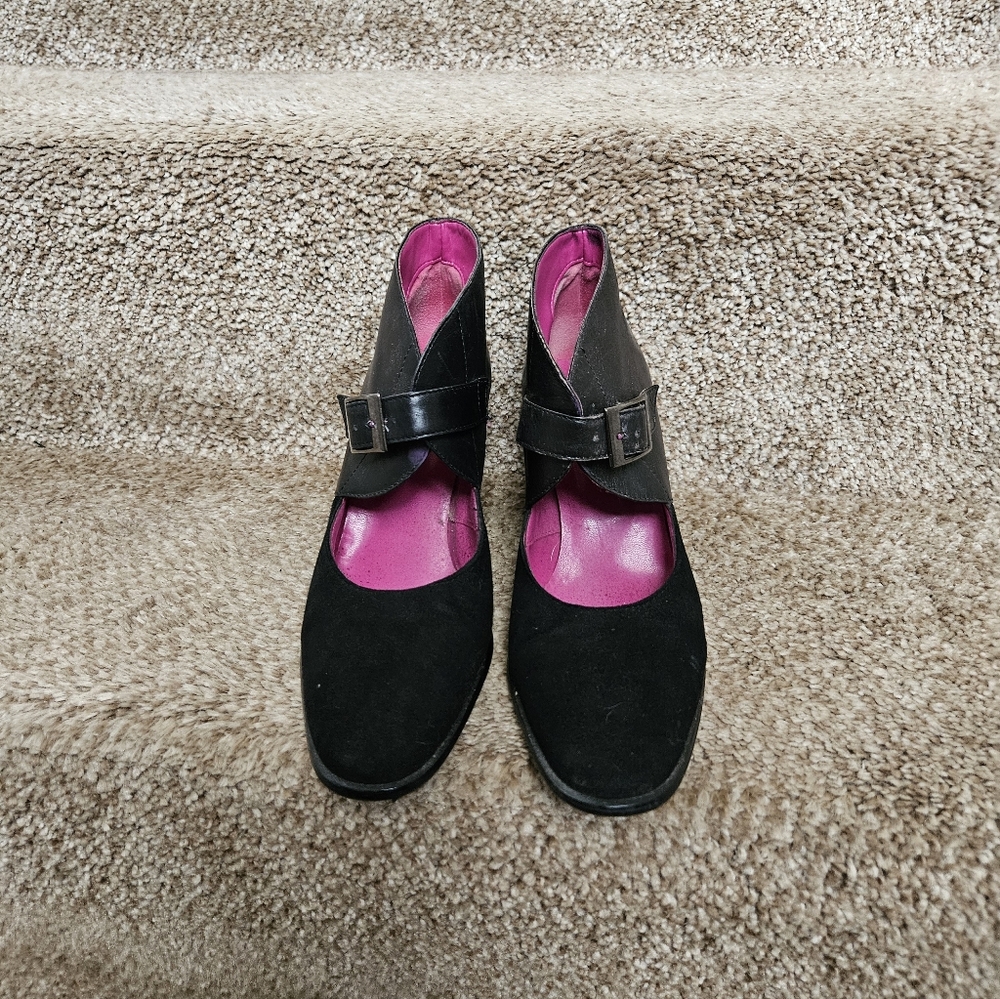 Black Suede And Leather Buckled Pumps.